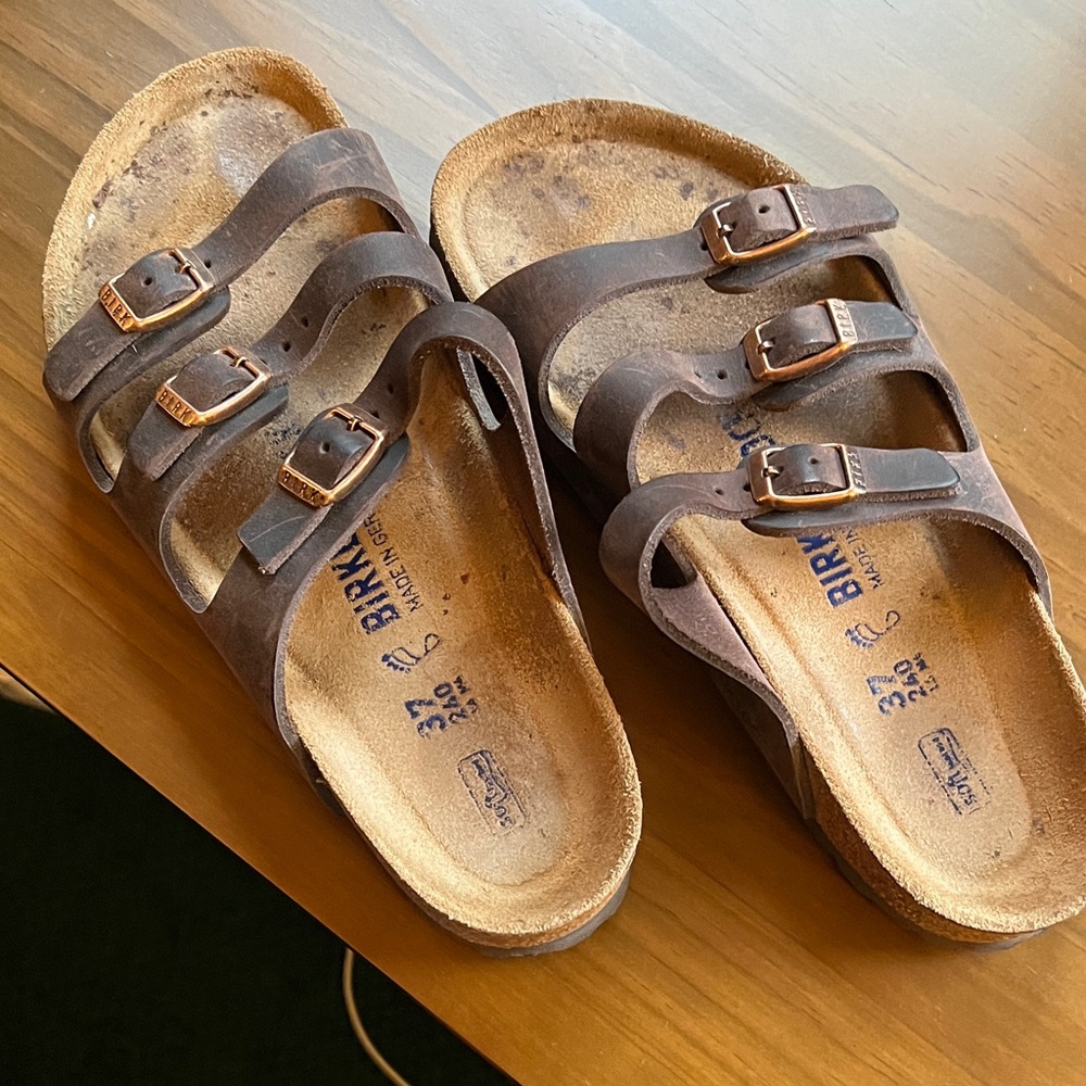 Birkenstock Brown Triple-Strap Slide Florida Sandals 37 regular soft footbed